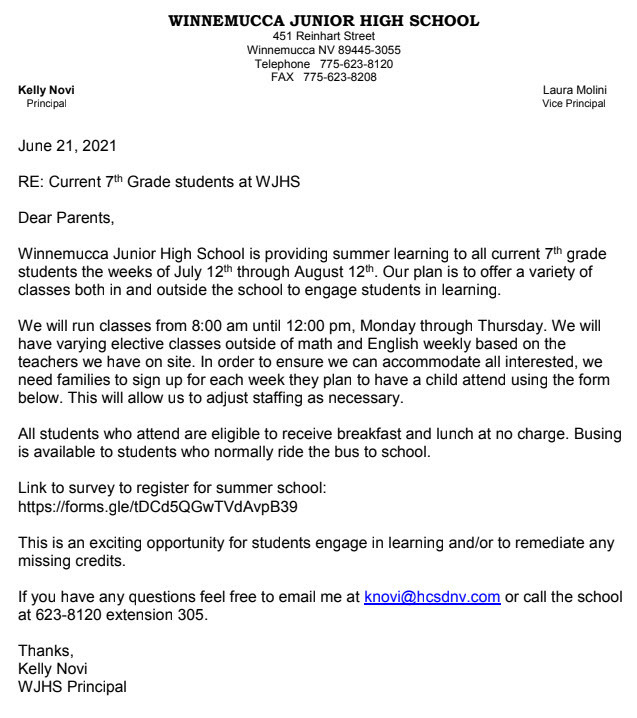 7th Grade Summer School Information