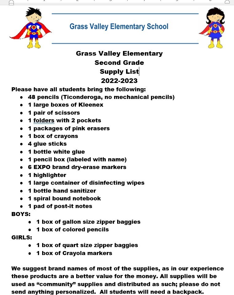 Second grade supply list