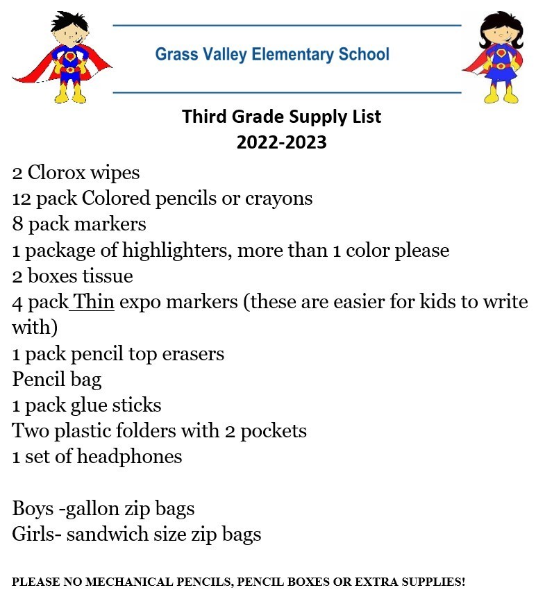 Third grade supply list