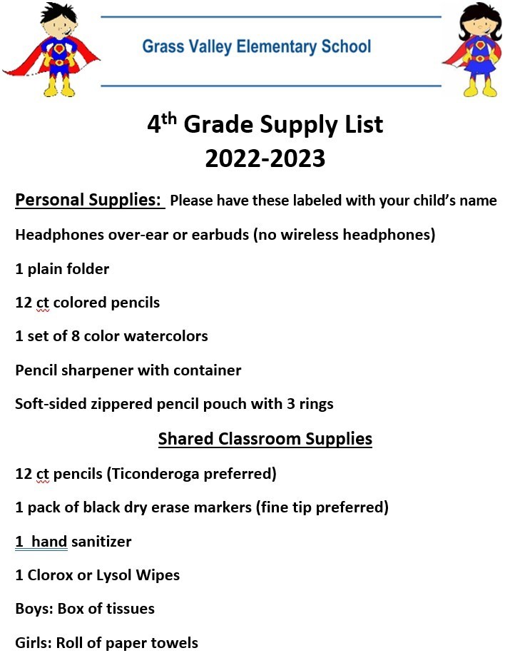 Fourth grade supply list