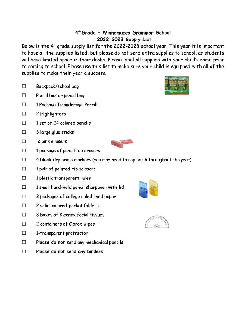 4th Grade Supply Lists